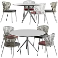 Modern Round Dining Table Set With Wire Mesh Chairs Red Gray Cushions 3d model