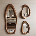 Unique Shaped Brown Mirrors Mounted On Light Colored Tile Wall Reflecting Modern Bathroom Interior 3d model