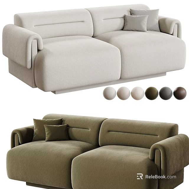 Modern Two Seater Sofa with Color Options in Beige and Olive Green 3d model 
