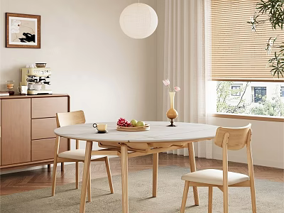 Modern Restaurant Interior With Round Marble Dining Table Light Wooden Chairs And Wooden Cabinet 3d model