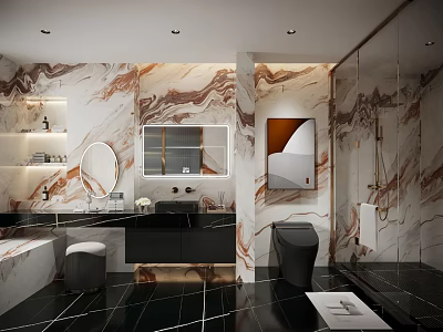 Elegant Modern Bathroom Interior With Marble Walls Double Vanity Bathtub And Shower Enclosure 3d model