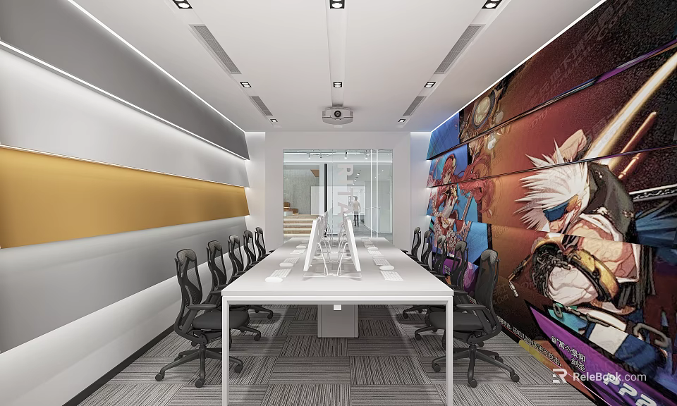 Modern Public Office Space With Long Table White Computers Black Chairs Colorful Mural And Lighting 3d model 
