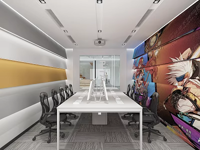 Modern Public Office Space With Long Table White Computers Black Chairs Colorful Mural And Lighting 3d model
