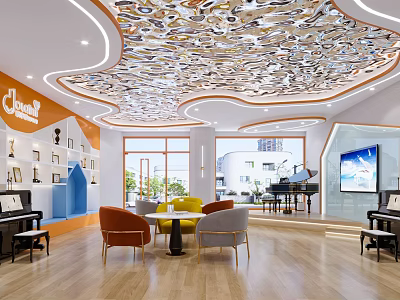 Modern Leisure Activity Space With Unique Ceiling Decoration Pianos Sofas And Large Screen TV 3d model