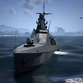 Modern Warship Number 383 Sailing On Water By City Infrastructure