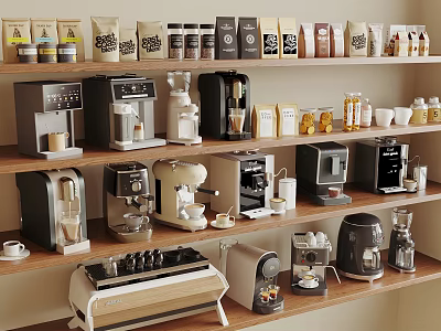 Coffee Kitchen Appliances Display On Wooden Shelves With Coffee Bags Cups And Accessories 3d model