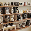 Coffee Kitchen Appliances Display On Wooden Shelves With Coffee Bags Cups And Accessories
