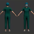 Women In Green Scrubs With Blue Caps Face Masks Front Back Views On Dark Background