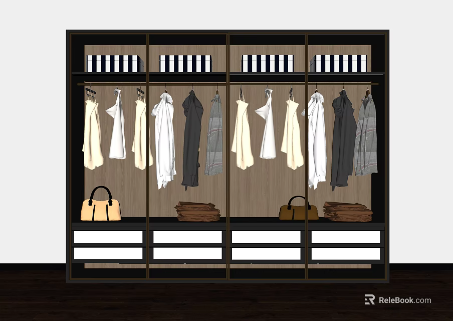 Black Frame Wardrobe With Hanging White Gray Clothes Leather Bags And Drawers 3d model 