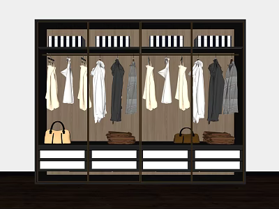 Black Frame Wardrobe With Hanging White Gray Clothes Leather Bags And Drawers 3d model