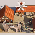 Cartoon Style Village Scene With Windmill Red Roofs And Plaza Decorations
