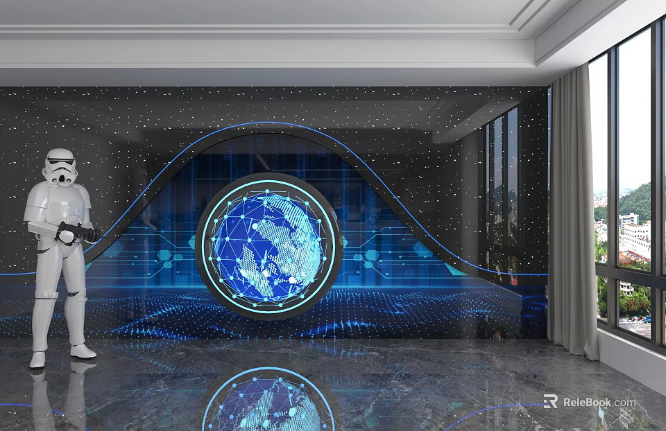 Hi Tech Background Wall With Wavy Design Blue Globe And Stormtrooper In Indoor Room 3d model 