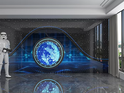 Hi Tech Background Wall With Wavy Design Blue Globe And Stormtrooper In Indoor Room 3d model