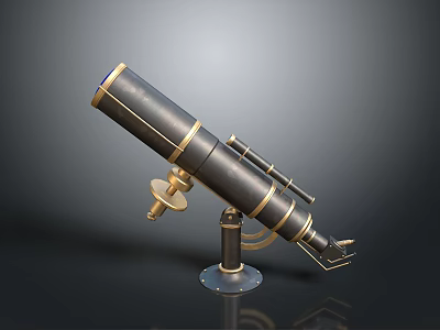 Antique Vintage Brass Telescope With Black Metal Stand And Golden Accents 3d model