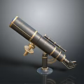 Antique Vintage Brass Telescope With Black Metal Stand And Golden Accents