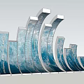 Outdoor Art Installation With Curved Blue White Structures In Grass Field And Trees