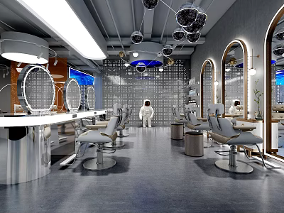 Modern Hair Salon Interior Design With Styling Chairs Round Mirrors And Lighting Fixtures 3d model