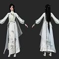 Game and Movie Character in Traditional Costume With Bamboo Leaf Patterns Long Hair and Flowy Sleeves