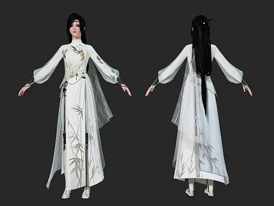Game and Movie Character in Traditional Costume With Bamboo Leaf Patterns Long Hair and Flowy Sleeves 3d model