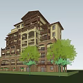 Modern Residential Building With Balconies Arched Design Greenery Fountain People Walking And Mountain View
