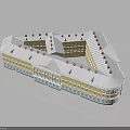 Multi story Building with Unique Layout Yellow Walls White Roof Red Decorations and Blue Windows
