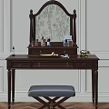 Vintage Wooden Dressing Table With Carved Details Decorative Mirror Cosmetics And Gray Stool