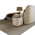 Modern Double Bed With Upholstered Headboard Pillows Bedspread And Bedside Lamps On Plush Rug