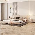 Modern Bedroom With Beige Bed And Bedside Tables Circular Patterned Wall Herringbone Floor And Lighting 3d model