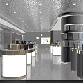 Bright Modern Display Space Interior With White Gold Podiums Curved Columns And Shelves