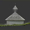 Rural Church Building With Gray Roof Steeple And Green Grass Surroundings