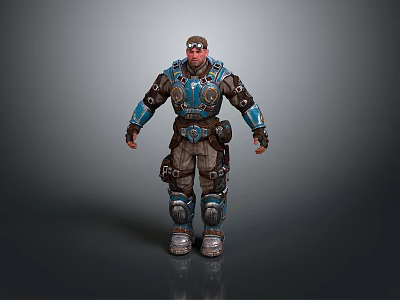 Game Movie Character in Blue Mechanical Armor with Brown Combat Gear and Detailed Design 3d model