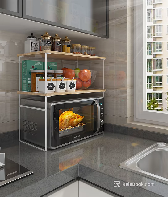 Bathroom Cabinet Rack With Microwave Spice Jars Fruits And Tile Wall Near Window 3d model 