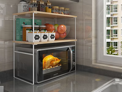 Bathroom Cabinet Rack With Microwave Spice Jars Fruits And Tile Wall Near Window 3d model