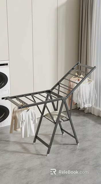 Modern Living Room Interior With Black Clothes Drying Rack Hanging Clothes And Washing Machine 3d model 