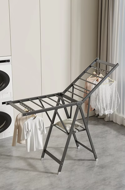 Modern Living Room Interior With Black Clothes Drying Rack Hanging Clothes And Washing Machine 3d model