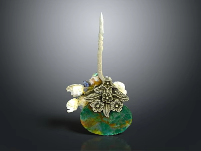 Ornate Decorative Hairpin With Green Yellow Base Silver Floral Pattern And Colorful Beads 3d model