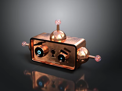 Shiny Copper Robot With Blue Eyes Antennas And Control Buttons On Reflective Surface 3d model