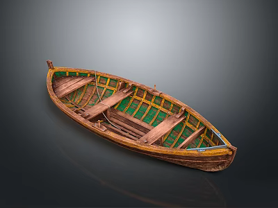 Traditional Wooden Water Transport Boat with Green Yellow Interior and Handcrafted Design 3d model