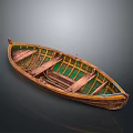Traditional Wooden Water Transport Boat with Green Yellow Interior and Handcrafted Design
