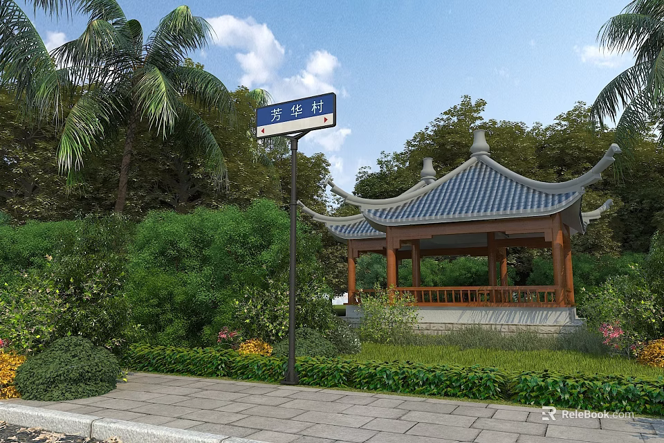 Traditional Chinese Garden Landscape with Pavilion Lush Greenery Palm Trees and Stone Pavement 3d model 