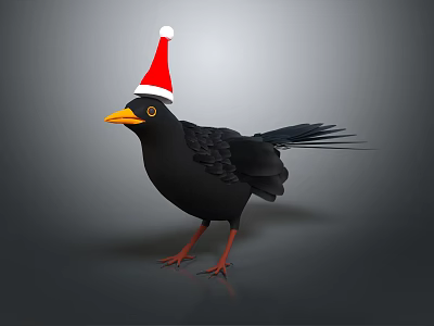 Black Bird As Flying Animal Wearing Red Santa Hat In Festive Look 3d model