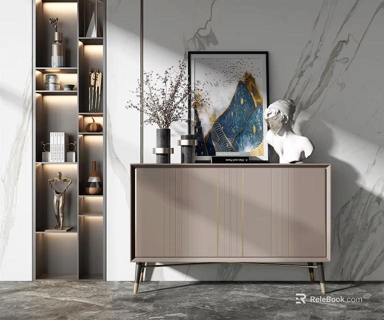 Modern Entryway Console Cabinet Sideboard Interior Design With Framed Art Sculpture Vase And Lighting 3d model 