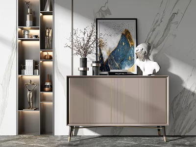 Modern Entryway Console Cabinet Sideboard Interior Design With Framed Art Sculpture Vase And Lighting 3d model