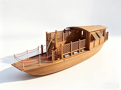 Wooden Boat Model With Deck Railing Lattice Fence And Roof Design 3d model