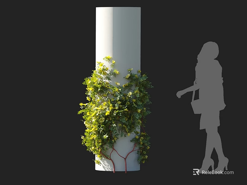 Vine With Lush Green Leaves Wrapping Around White Column Beside Woman Silhouette 3d model 