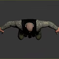 Bald Man Wearing Sunglasses Camouflage Shirt Black Tactical Vest Pants And Boots With Arms Outstretched