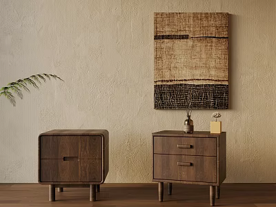 Two Wooden Nightstands With Drawers And Woven Wall Art Decor 3d model