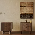 Two Wooden Nightstands With Drawers And Woven Wall Art Decor