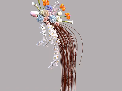 Vibrant Orange Pink White Blue Flowers and Green Leaves on Decorative Hairpin with Brown Tassels 3d model
