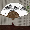 Chinese Ink Painting Fan Wall Hanging Decor on Perforated Wall with Green Plant and Tassel